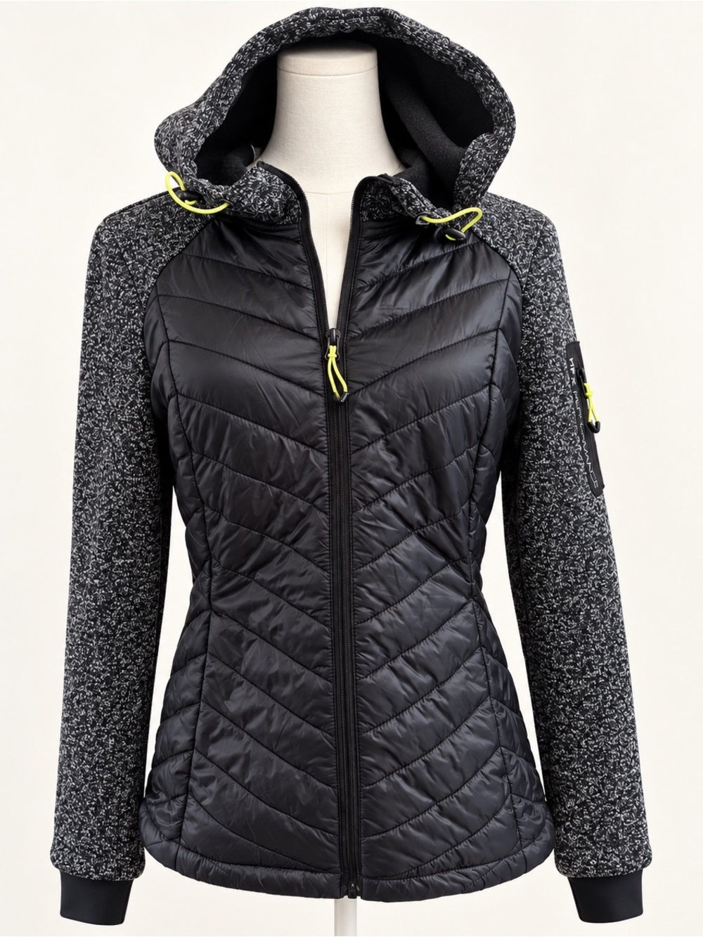 HFX Hybrid Puffer Jacket Women’s S Black Gray Hooded NWOT